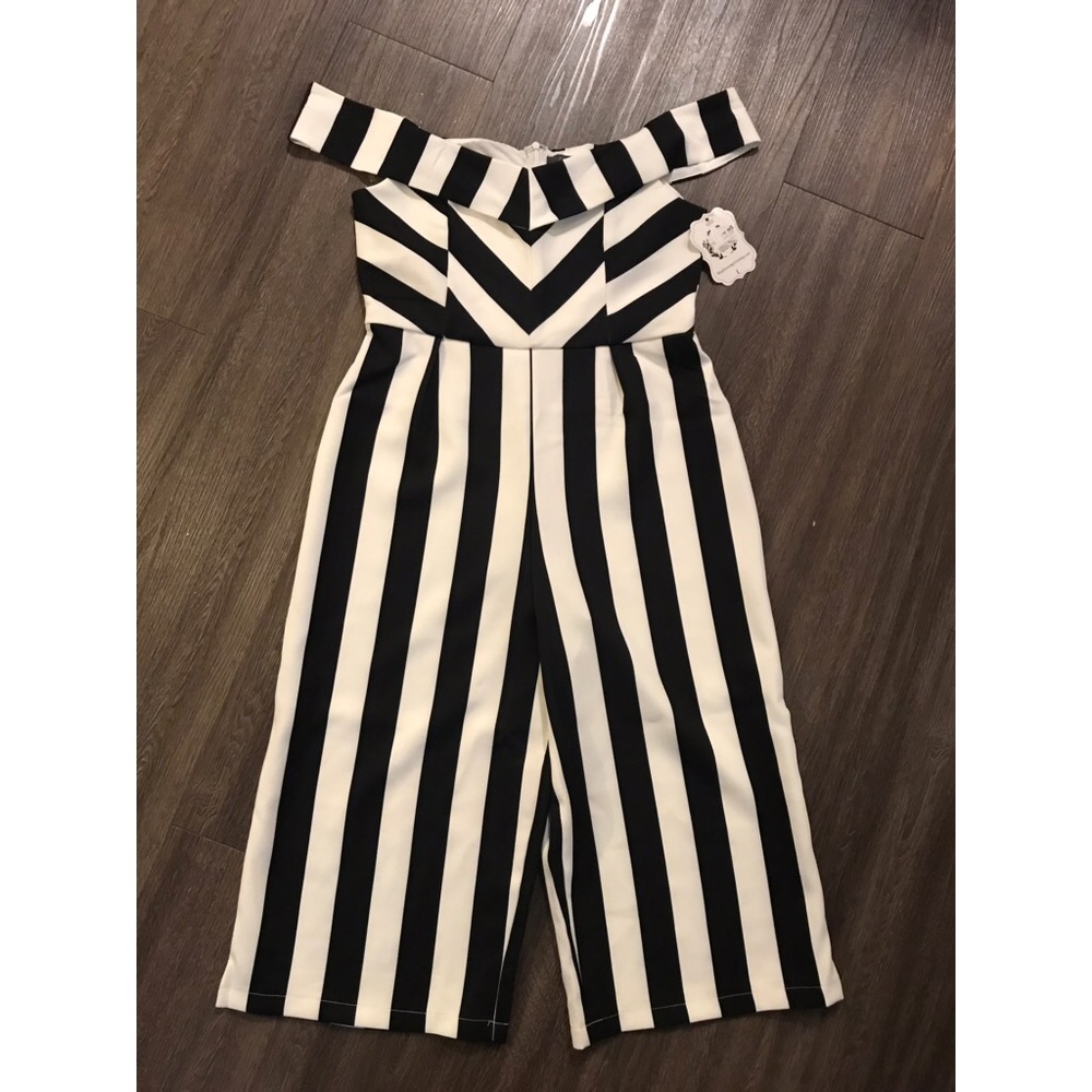 Black white striped off the shoulder jumpsuit